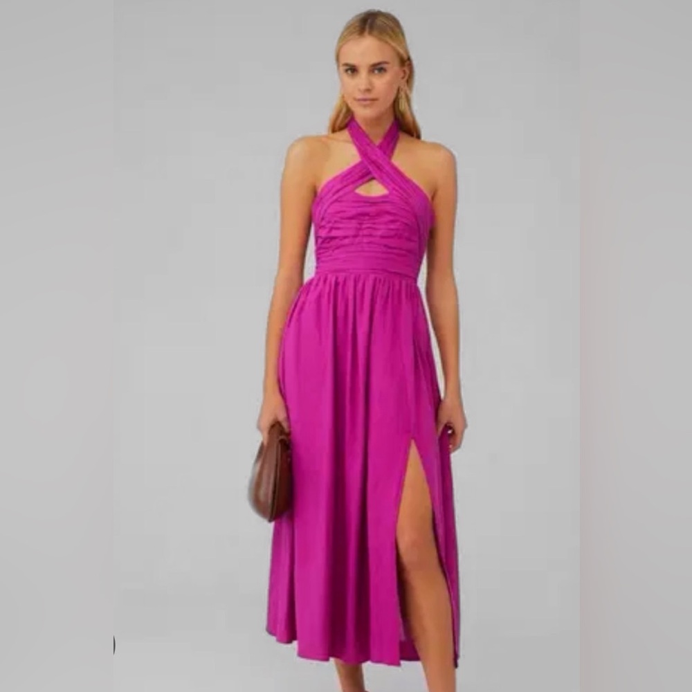 Astr Pink Halter Gown with Ruched Bodice and Slit